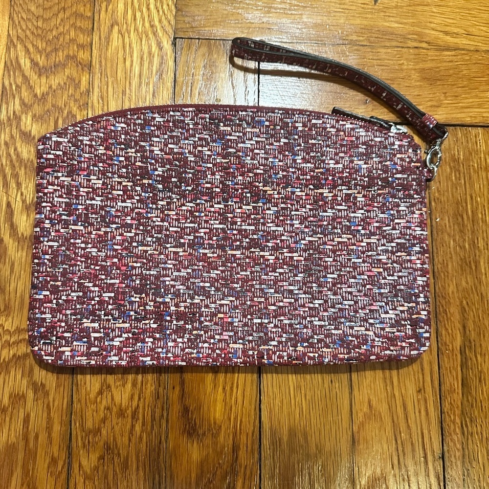 Lodis Leather Burgundy Woven Wristlet Clutch | Quiet Luxury Chic - Picture 2 of 4